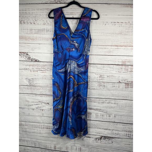 Heart & Hands Exclusives Dress Women's Large Blue Silk Sleeveless Maxi Abstract - Picture 1 of 10
